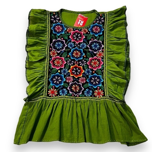 NEW Handmade Blouse Floral Embroidery Ruffled Short Sleeves Popover Green Large - Picture 1 of 7